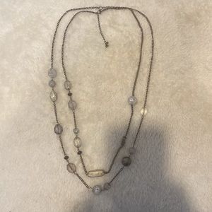 Long gray and Silver Bead Double Necklace and earrings set